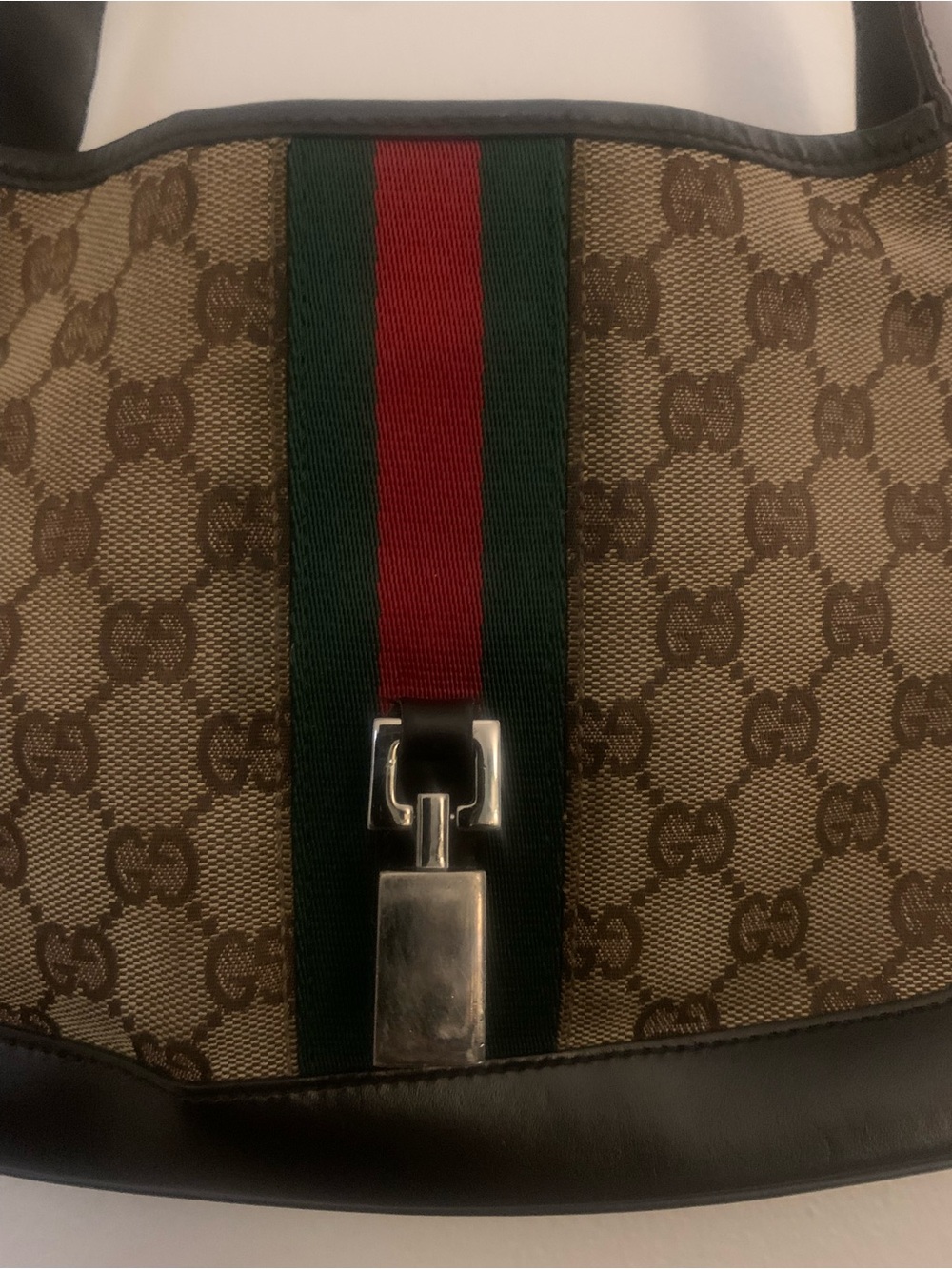Gucci Brown GG Canvas Shoulder Bag with Black Trim and Green-Red Stripe - Picture 5 of 16